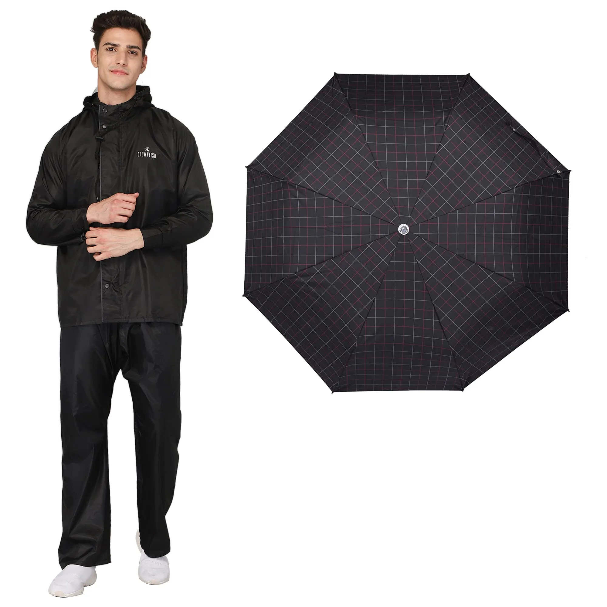 THE CLOWNFISH Combo Of Rain Coat for Men Waterproof Polyester (Black 4XL) Umbrella 3 Fold Waterproof Pongee (Checks Design- Dark Pink)