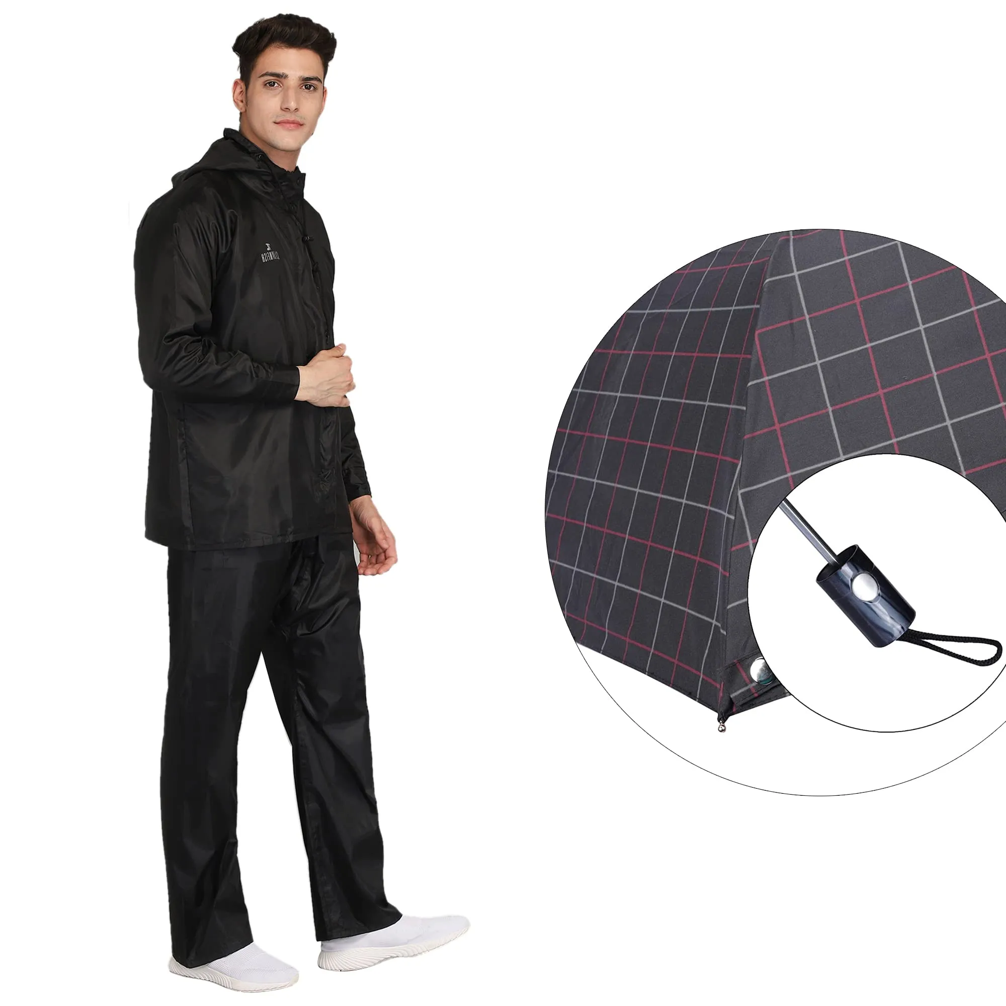 THE CLOWNFISH Combo Of Rain Coat for Men Waterproof Polyester (Black 4XL) Umbrella 3 Fold Waterproof Pongee (Checks Design- Dark Pink)