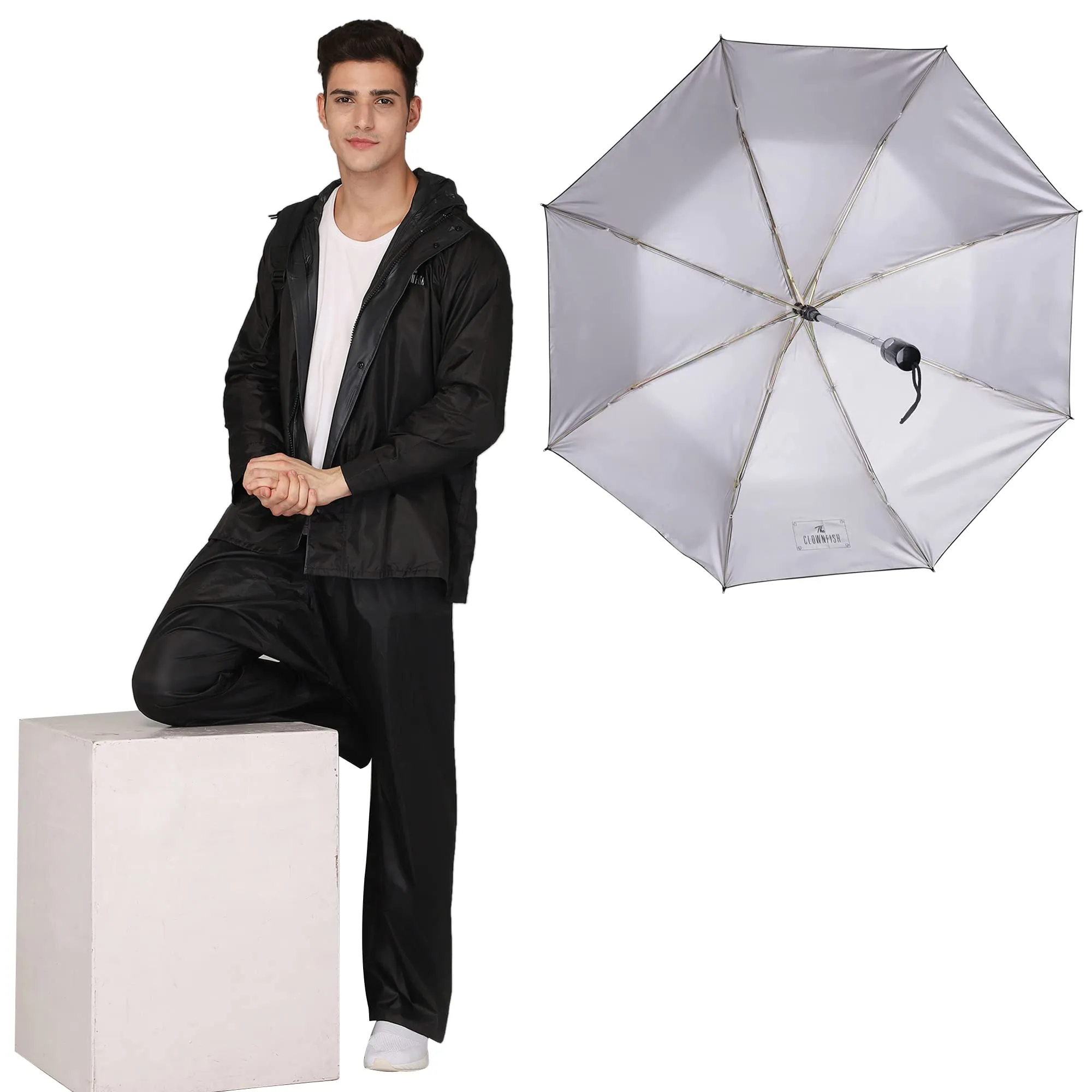 THE CLOWNFISH Combo Of Rain Coat for Men Waterproof Polyester (Black L) Umbrella Savior Series 3 Fold Waterproof Polyester (Black)