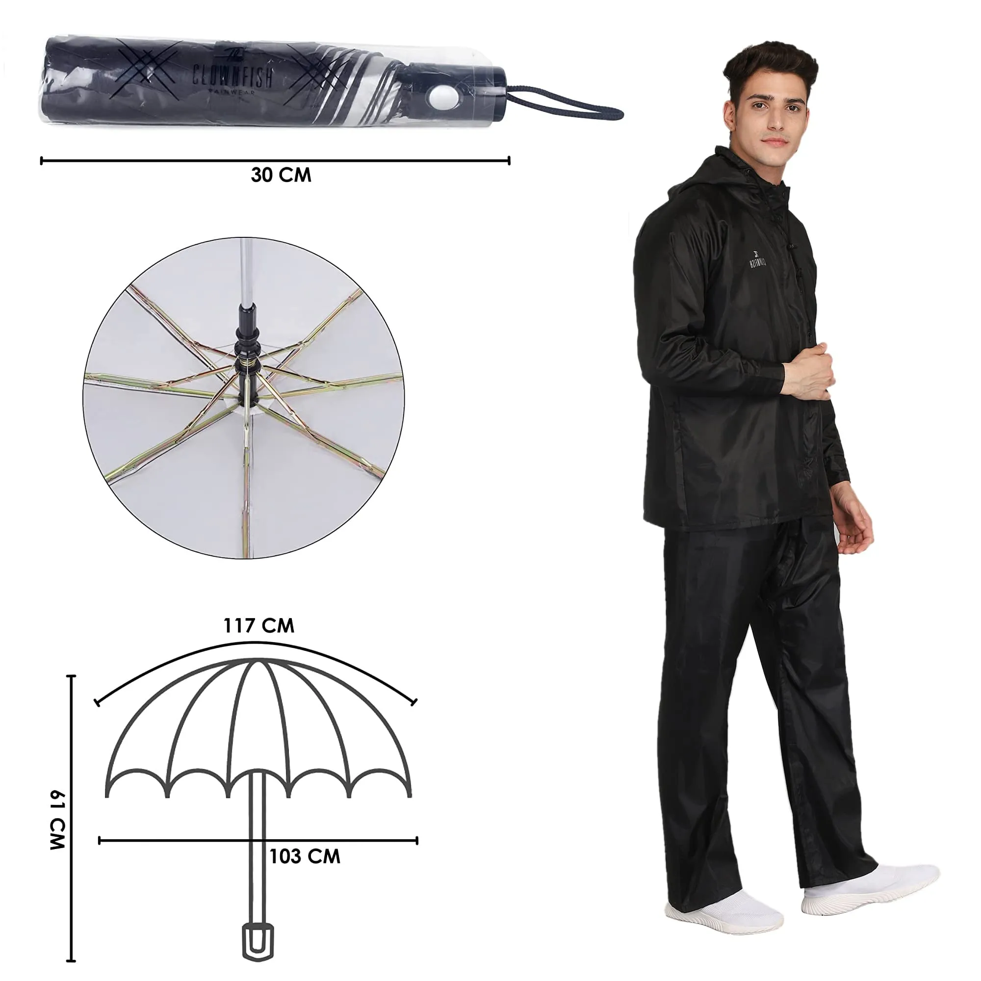 THE CLOWNFISH Combo Of Rain Coat for Men Waterproof Polyester (Black L) Umbrella Savior Series 3 Fold Waterproof Polyester (Black)