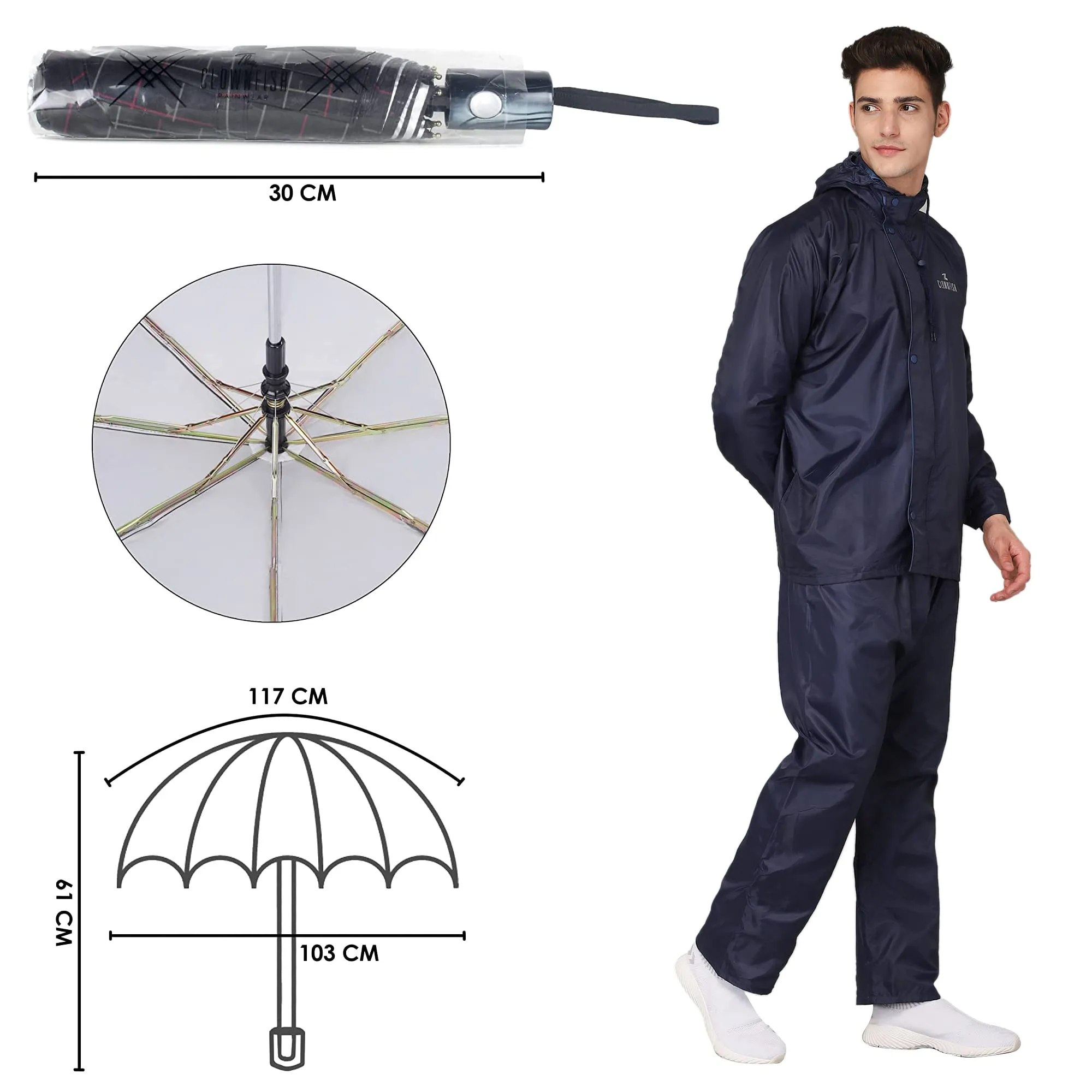 THE CLOWNFISH Combo Of Rain Coat for Men Waterproof Polyester (Blue 3XL) Umbrella 3 Fold Waterproof Pongee (Checks Design- Dark Pink)