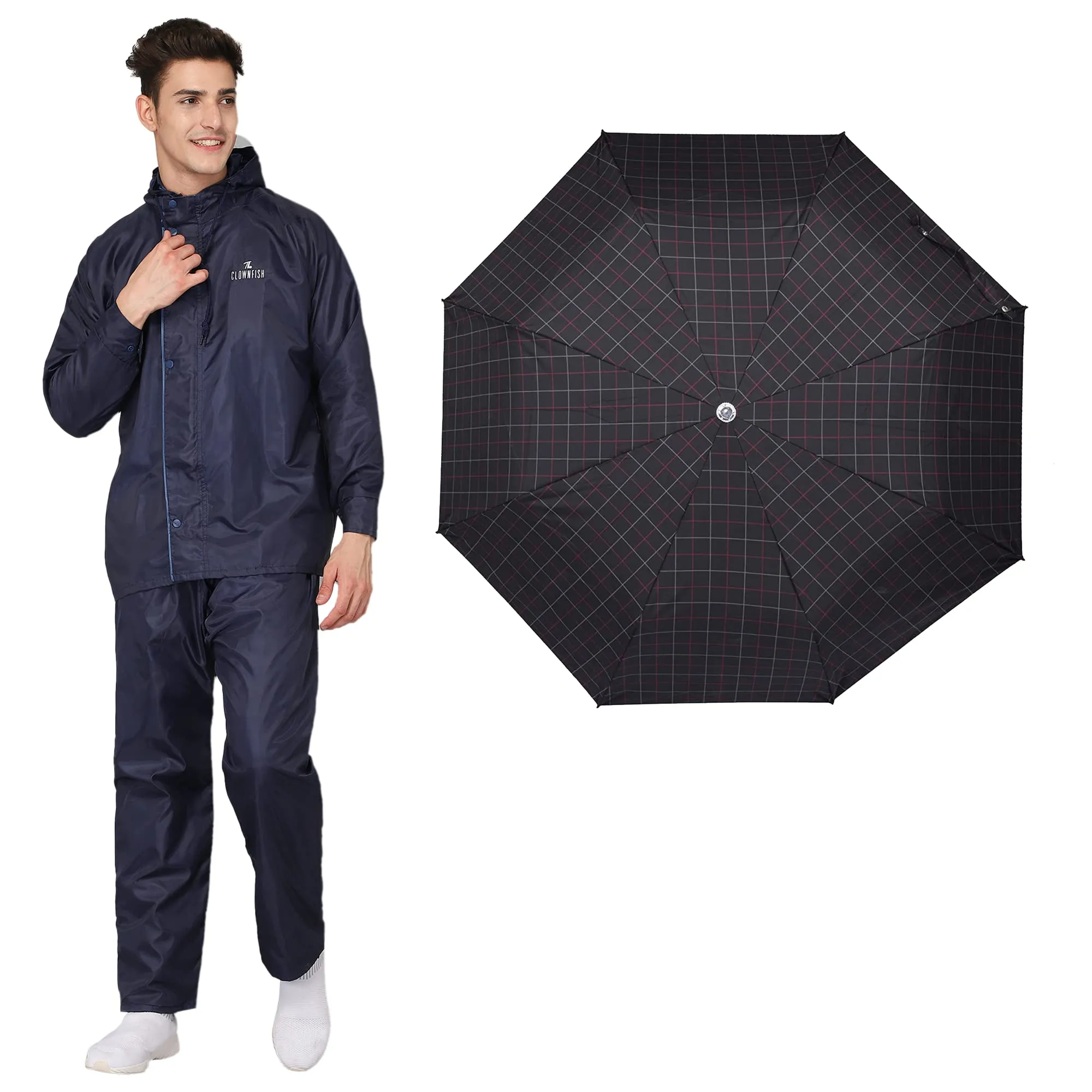 THE CLOWNFISH Combo Of Rain Coat for Men Waterproof Polyester (Blue 3XL) Umbrella 3 Fold Waterproof Pongee (Checks Design- Dark Pink)