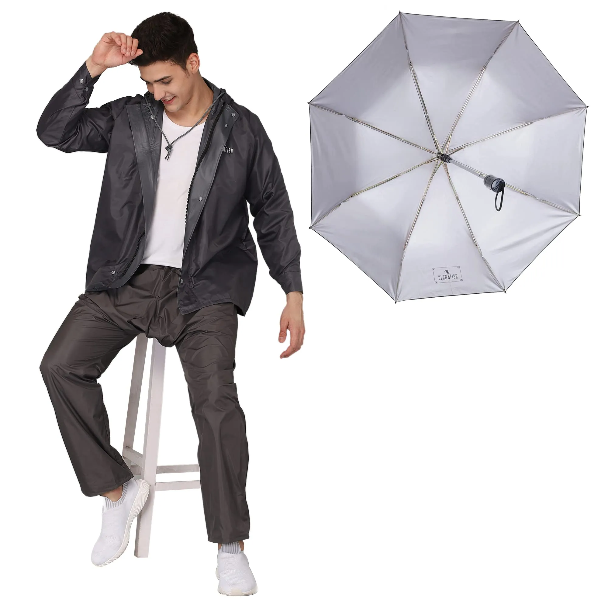 THE CLOWNFISH Combo Of Rain Coat for Men Waterproof Polyester (Grey L) Umbrella 3 Fold Waterproof Pongee (Checks Design- Dark Pink)