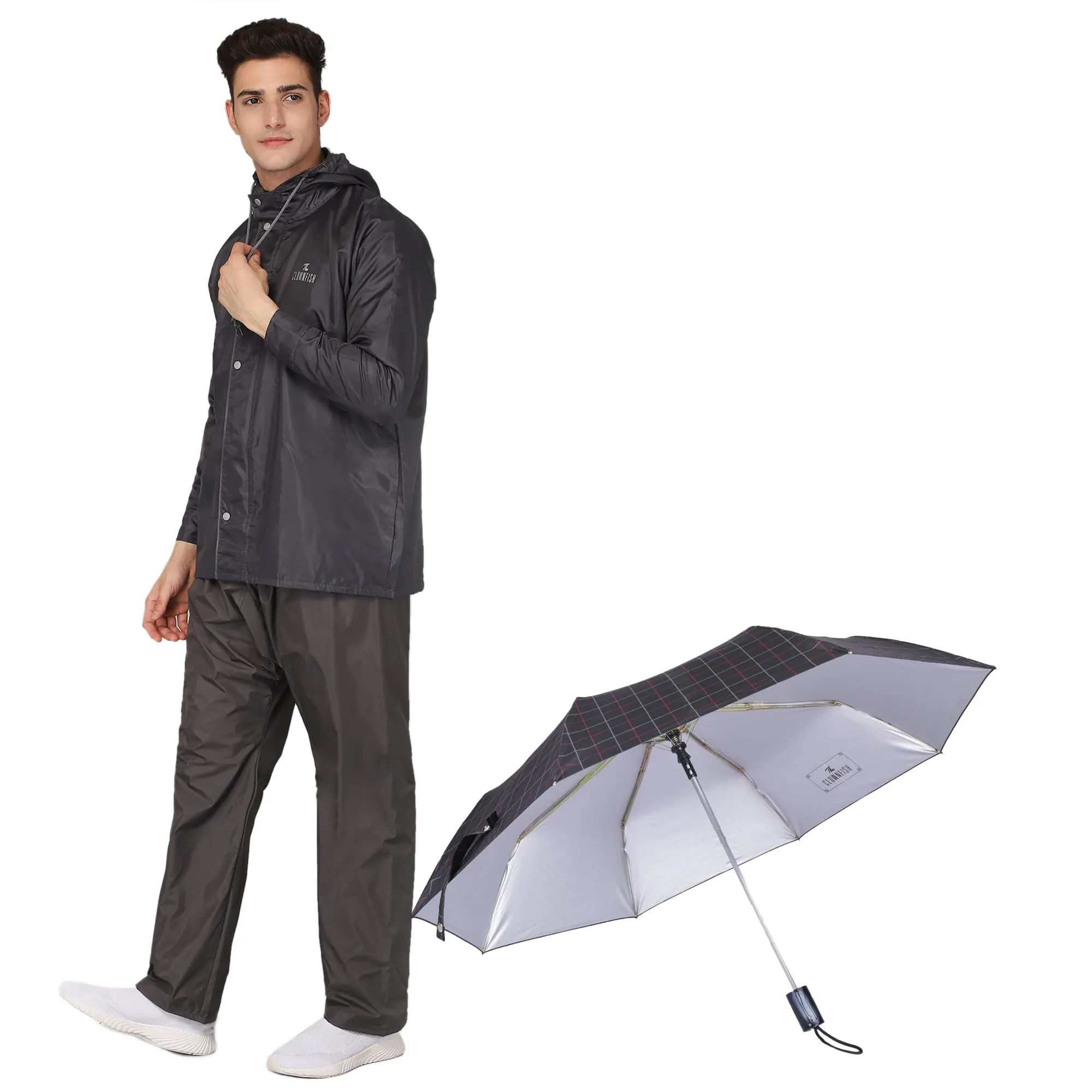 THE CLOWNFISH Combo Of Rain Coat for Men Waterproof Polyester (Grey L) Umbrella 3 Fold Waterproof Pongee (Checks Design- Dark Pink)