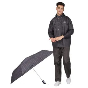 THE CLOWNFISH Combo Of Rain Coat for Men Waterproof Polyester (Grey L) Umbrella 3 Fold Waterproof Pongee (Checks Design- Dark Pink)