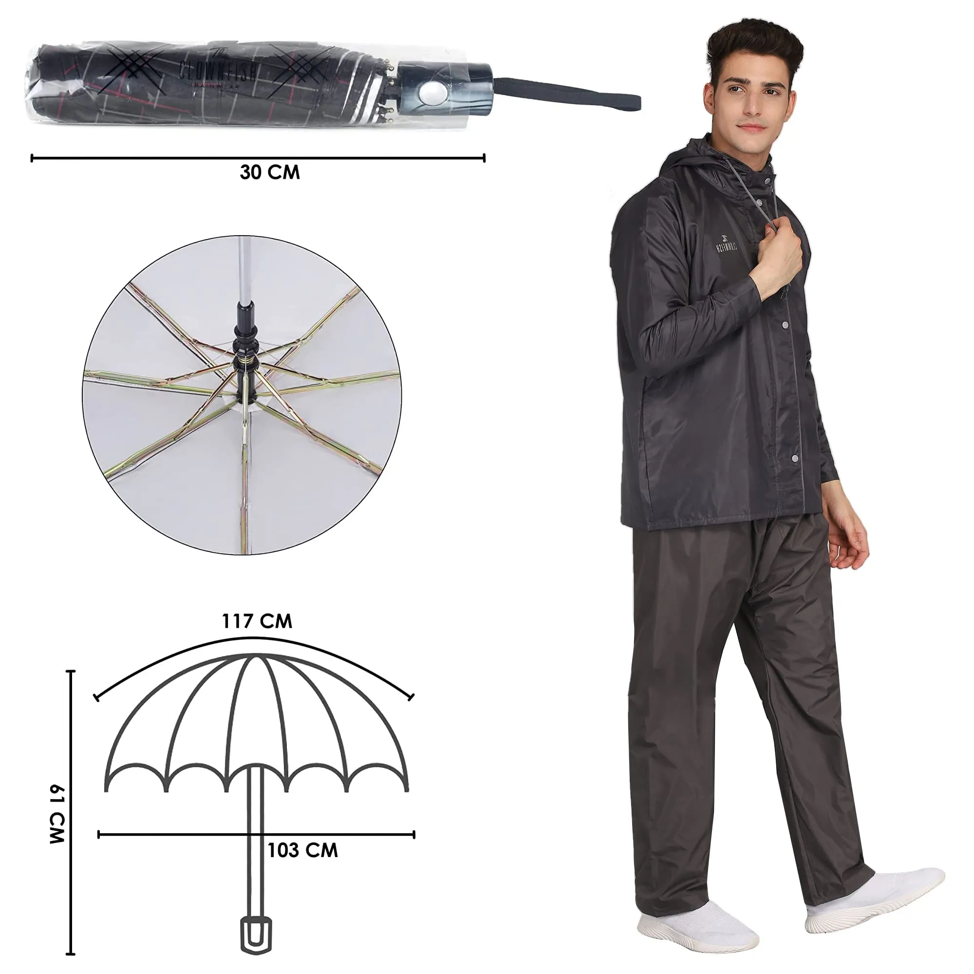 THE CLOWNFISH Combo Of Rain Coat for Men Waterproof Polyester (Grey L) Umbrella 3 Fold Waterproof Pongee (Checks Design- Dark Pink)