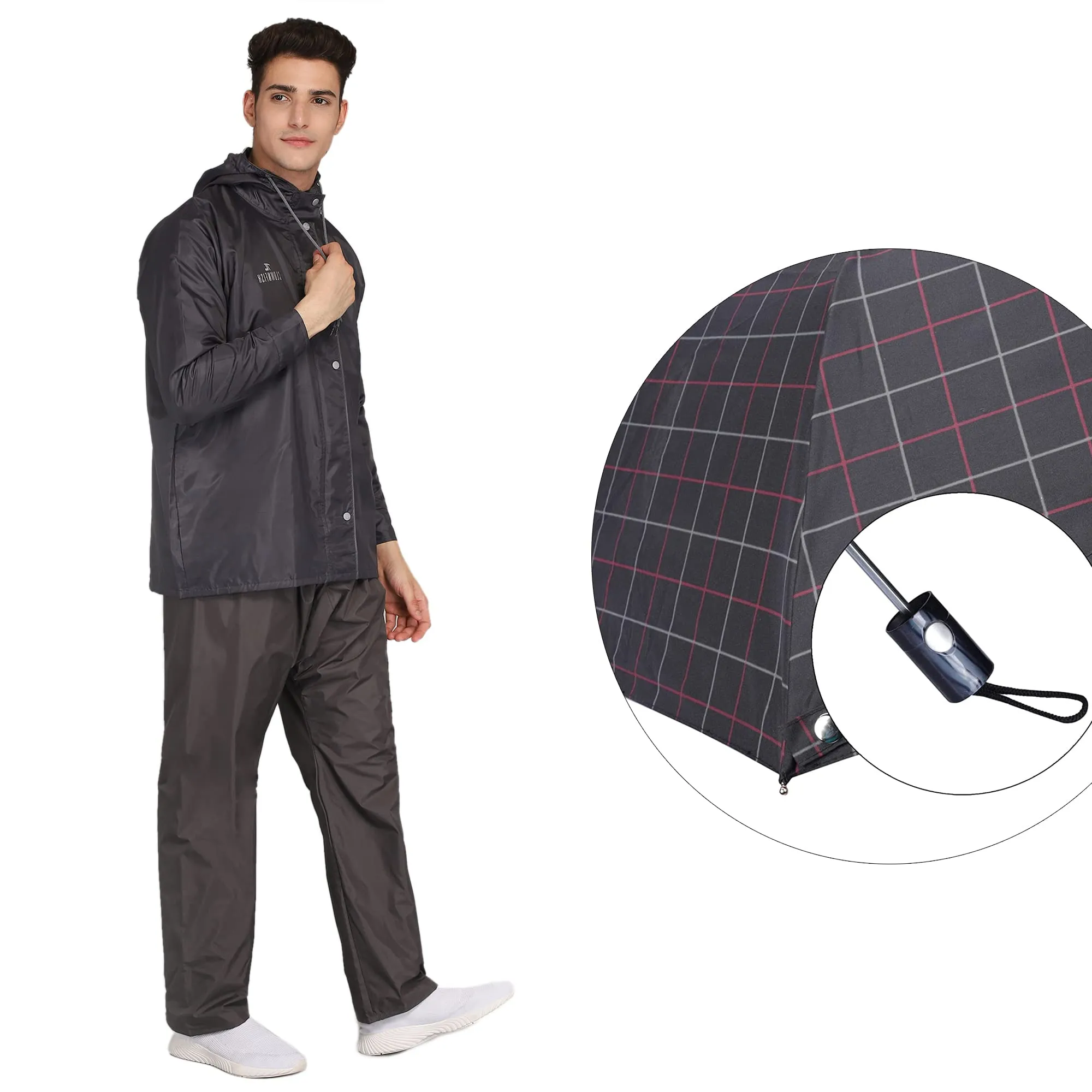 THE CLOWNFISH Combo Of Rain Coat for Men Waterproof Polyester (Grey L) Umbrella 3 Fold Waterproof Pongee (Checks Design- Dark Pink)