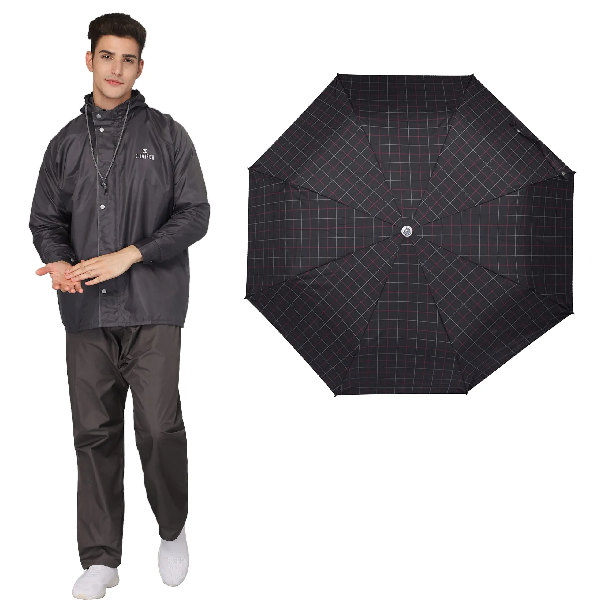 THE CLOWNFISH Combo Of Rain Coat for Men Waterproof Polyester (Grey L) Umbrella 3 Fold Waterproof Pongee (Checks Design- Dark Pink)