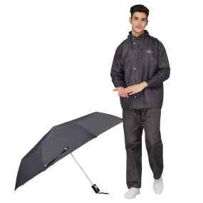 THE CLOWNFISH Combo Of Rain Coat for Men Waterproof Polyester (Grey XL) Umbrella Savior Series 3 Fold Waterproof Polyester (Black)