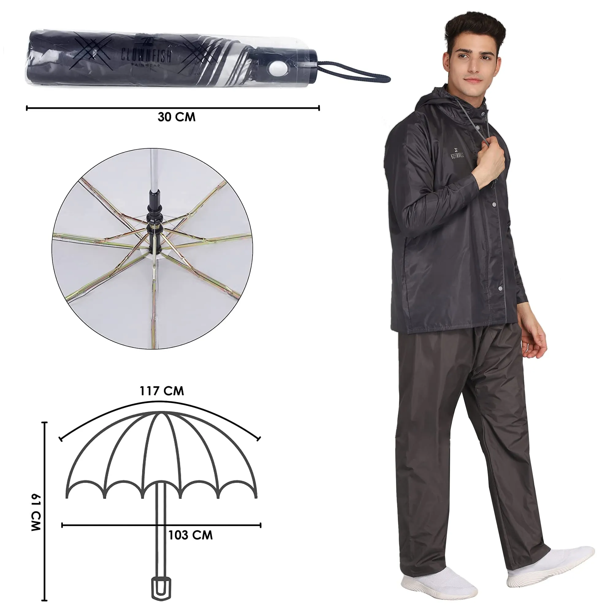 THE CLOWNFISH Combo Of Rain Coat for Men Waterproof Polyester (Grey XL) Umbrella Savior Series 3 Fold Waterproof Polyester (Black)